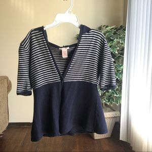 Navy and white sweater cardigan with hood